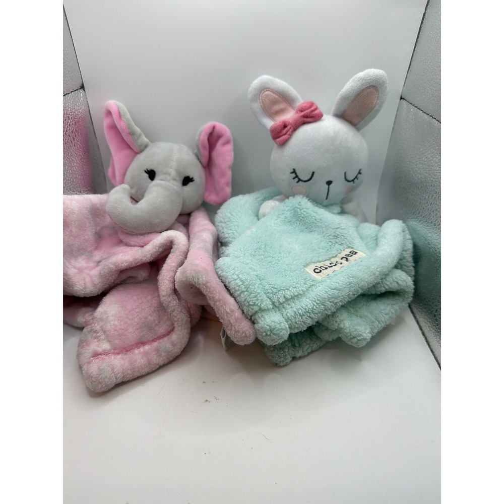 Chick Pea HB Baby Lovey Security Blanket Set Mint Bunny Pink Elephant Plush 2pc